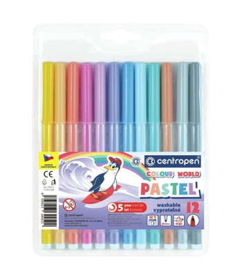 Набір фломастерів що змиваються з вент.колп."Пінгвіни" CENTROPEN у блістері 12кол ПАСТЕЛЬНІ ВІДТІНК
