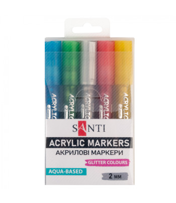 Набір маркерів акрил.на водн.осн,кругл наконечн.2мм Santi 5кол.у пласт.упак З ГЛІТЕРОМ