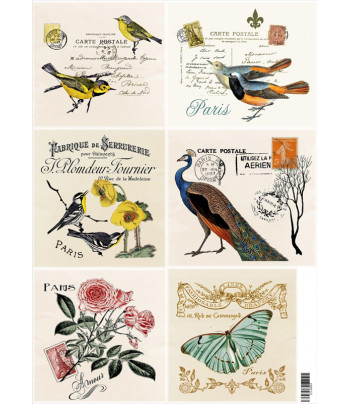 16.8 Декупажна карта(лазерн.друк) 29,5х42 "Почтовые карточки. Птицы, бабочки, цветы."