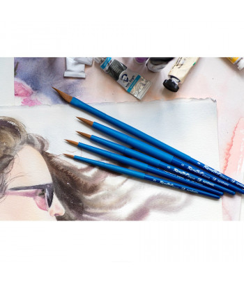 Пензель из волоса коричневой синтетики КРУГЛАЯ ручка кортк.СИНЯ,обойма soft-touch "AQUA blue" Roubloff №5