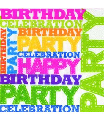 R РАЗБИРАТЬ 17.1 Серветка33х33см (20шт) "BIRTHDAY PARTY" цветные надписи