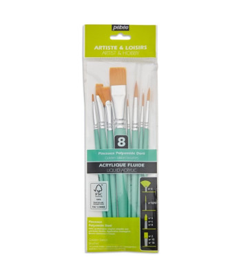 Набір пензлів із синтетики з довг.руч. Pebeo 8шт.(плоскі №2,10,18 круглі №0,4,8 лайнер №10/0 віялов. №6 )